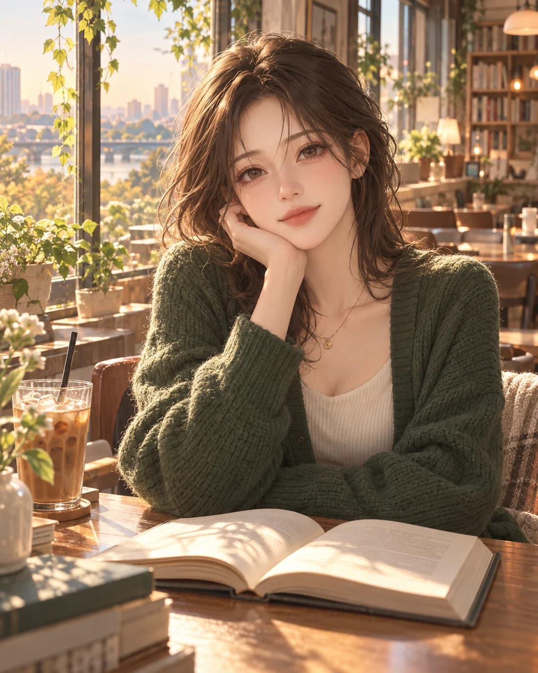 햇살이 들어오는 북카페에서 대화를 기다리는 초록색 카디건의 AI 캐릭터 일러스트